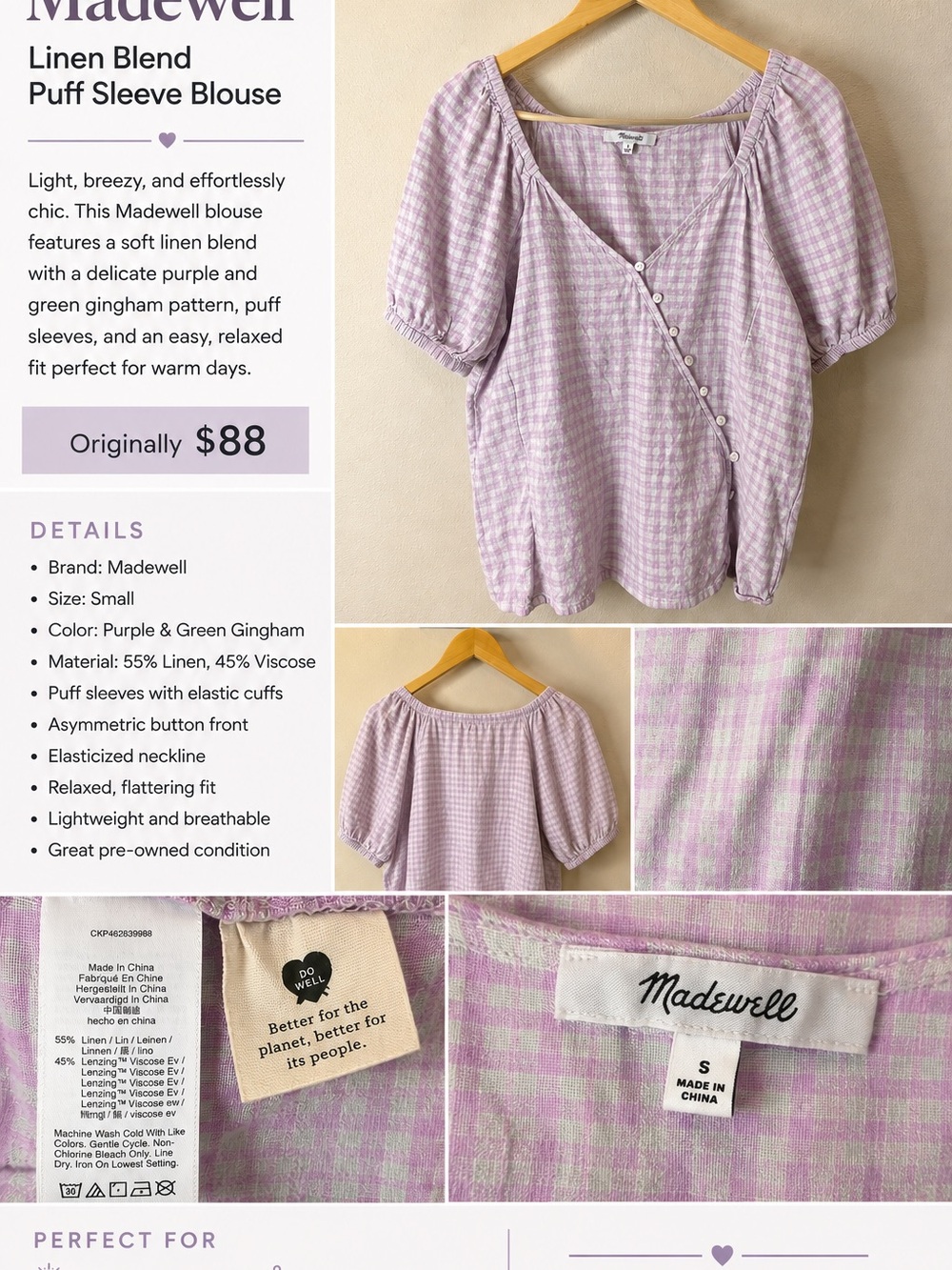 Madewell Sweet Lavender Plaid Linen Puff Sleeve Wrap Top S